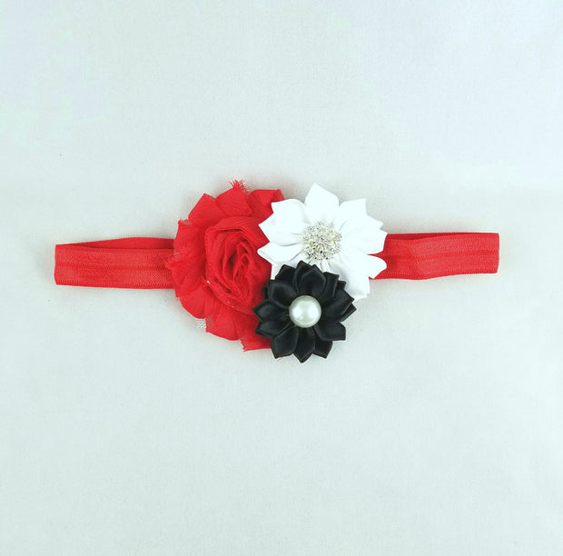 Red, White and Black Shabby Flower Headband