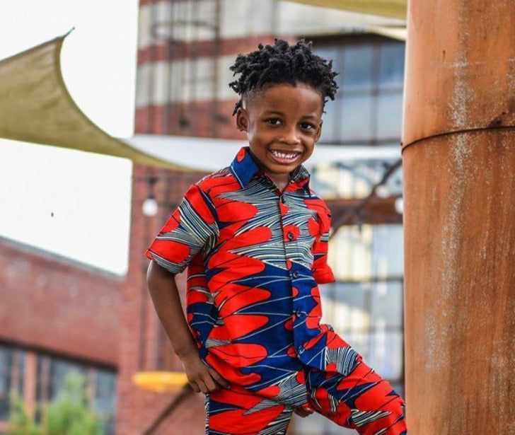 Tobi Ankara Print Boys Shirt- Red/Blue - Main Image