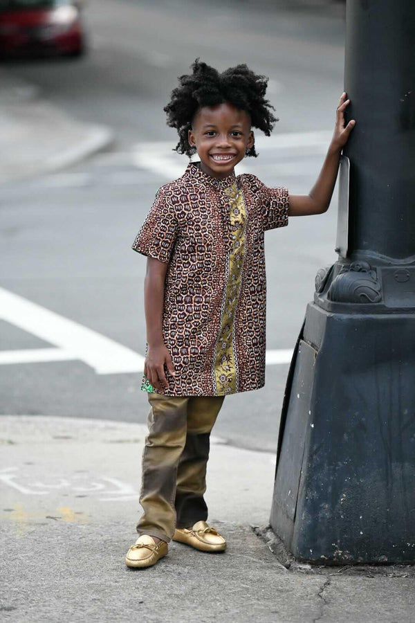 Oba Ankara Print Boy's Shirt Brown/Gold