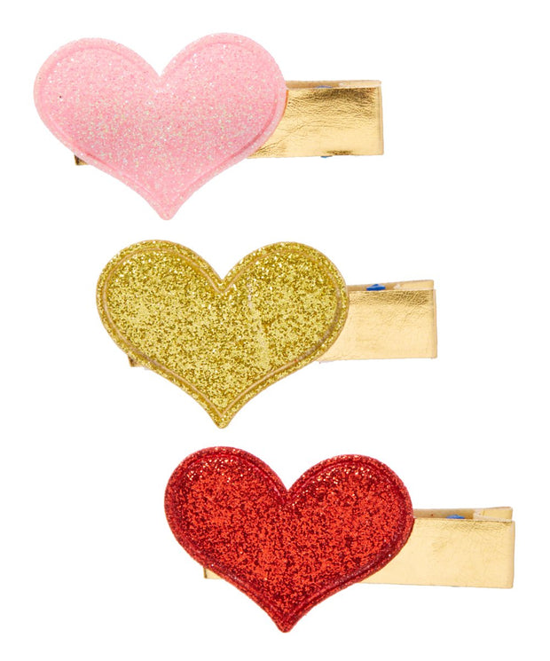 Red, Pink and Gold Sparkle Heart Shaped Hair Clip Set of 3