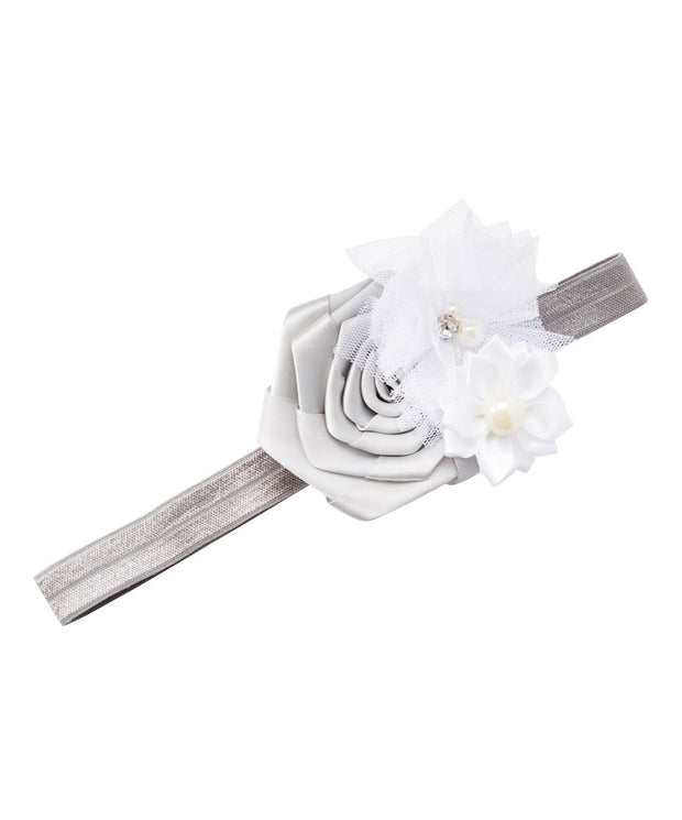 Gray and White Rose Satin Flower Headband